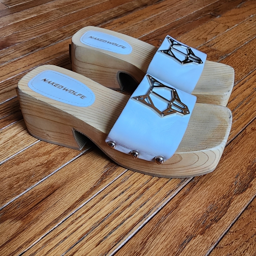 Naked Wolfe White Slide Sandals with Silver Accent